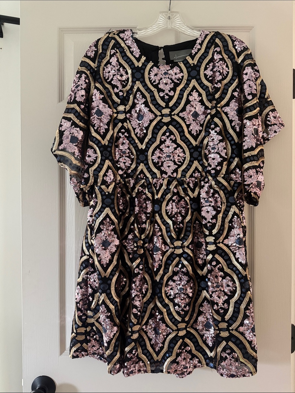 Anthropologie Black Sequin Mini Dress with Pink & Gold Accents
